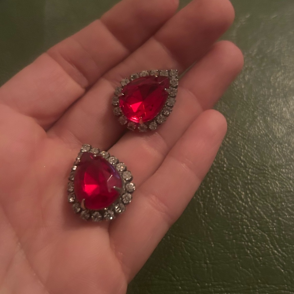 Ruby tear drop red and clear rhinestone clip on earrings designer signed
